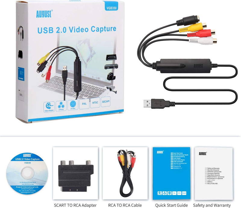 USB Video Grabber – August VGB350 Konverter mit Composite und S-Video Anschluss zum Digitalisieren v