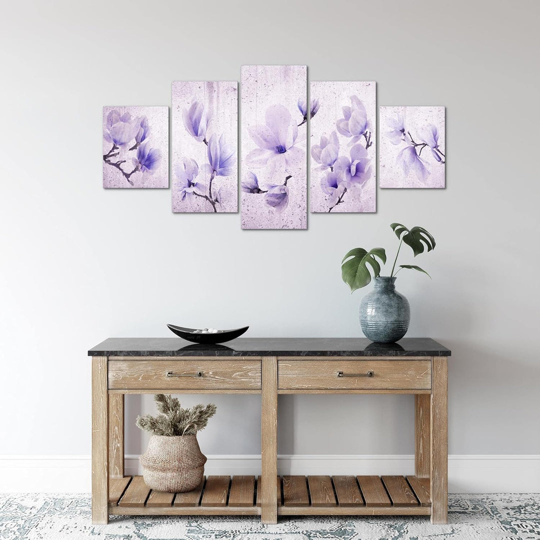 Runa Art Wandbilder Blumen Magnolien 5 Teilig Bild auf Vlies Leinwand Deko Wohnzimmer Vintage Beige