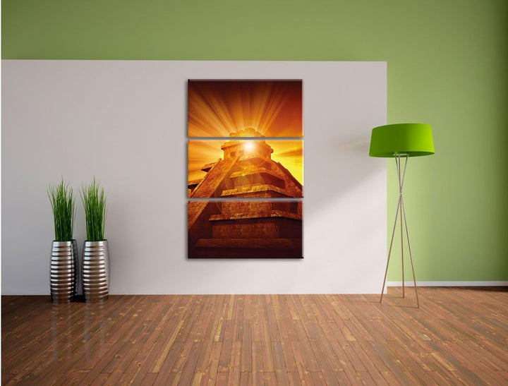 Pixxprint Maya Pyramide Tempelanlage als Leinwandbild/Grösse: 3 Teilig (120x80) cm/Wandbild/Kunstdru