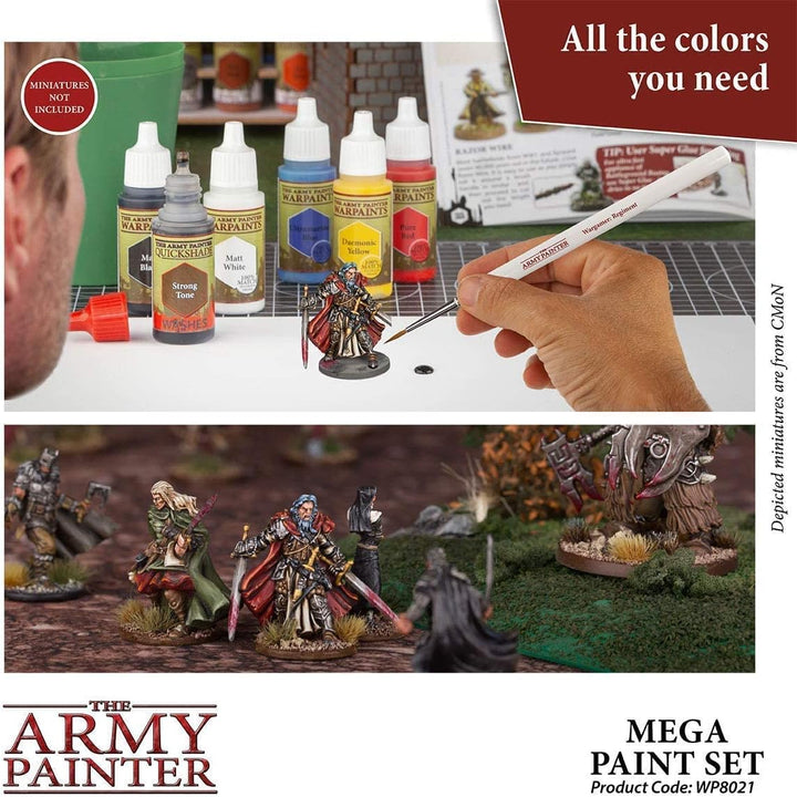 The Army Painter Mega Paint Set Farbset, 50 Warpaint-Farben und 1 Wargamer Regiment Pinsel für Warga