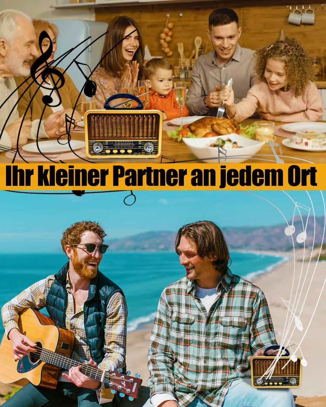 Retro Radio mit Bluetooth, AM/SW/FM Tragbares Radio Klein, UKW Radio Batteriebetrieben Unterstützung