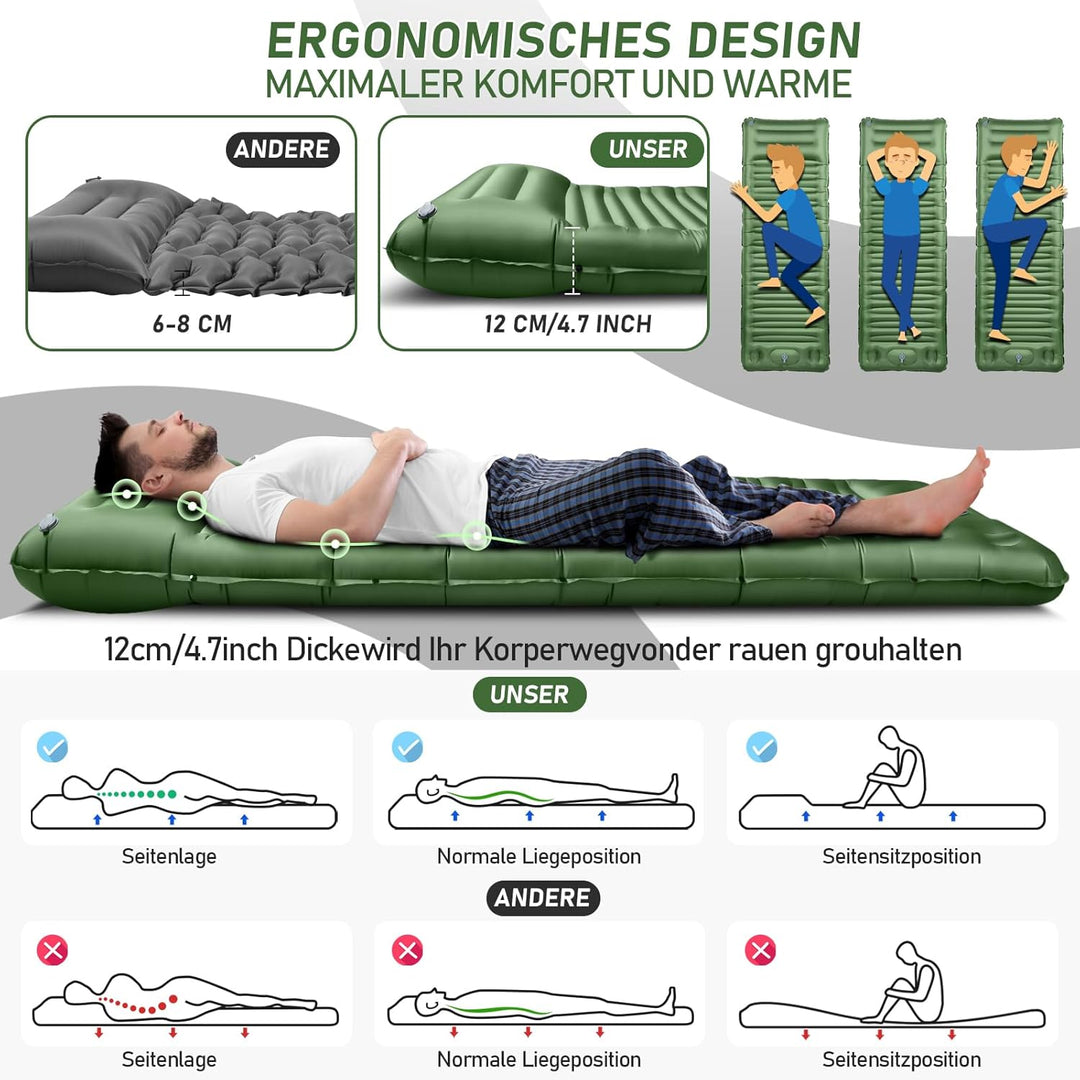 JEMULICE Isomatte Selbstaufblasend, 12CM Hoch Luftmatratze Camping Kleines Packmass, Aufblasbare Mat