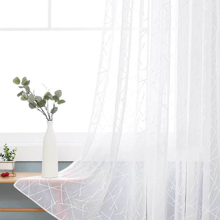 Deconovo Voile Vorhang Leinenoptik Ösenvorhang Transparent Dekoschal mit Stickerei Linie, 245x140 cm