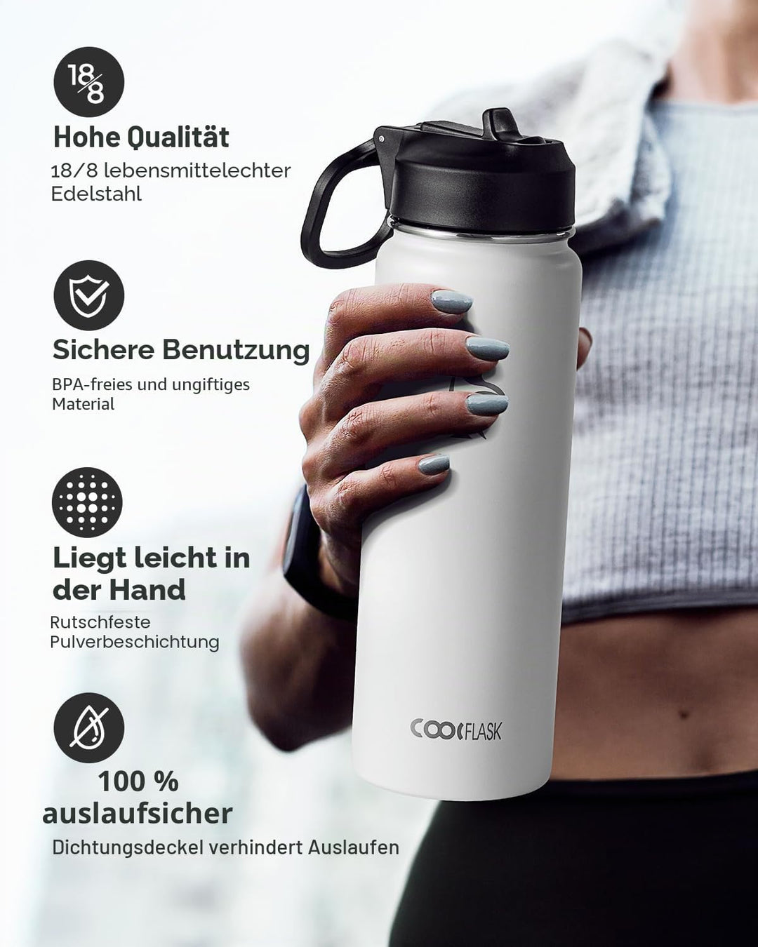 Coolflask Wasserflasche mit Strohhalm, isoliert, Edelstahl, Metall, 3 Deckel, breite Öffnung, für Sp