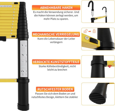 Gimisgu Aluminium Teleskopleiter, 2.6 m Teleskop Klappleiter mit Abnehmbarem Haken, Mehrzweckleiter