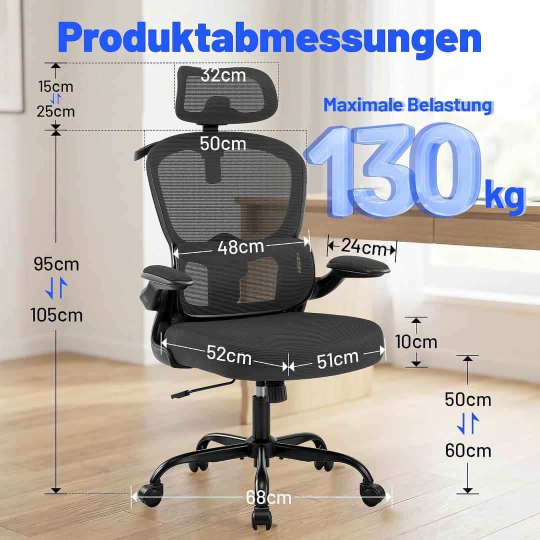 Bürostuhl Ergonomisch mit Kopfstütze, Verstellbarer Lendenwirbelstütze &amp; Netzbespannung, Höhenverste