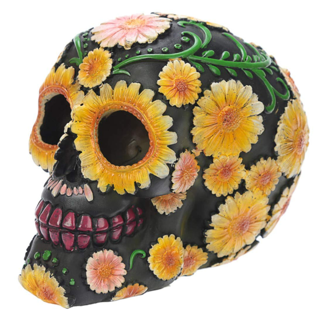 Puckator Day of The Dead Totenkopf mit Blumenmuster, Polyresin, Gelb/Grün/Pink/Schwarz, 15 x 10,5 x