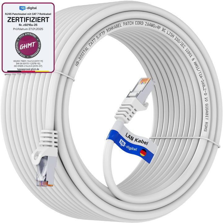 HB-DIGITAL 20m LAN Kabel RJ45 Patchkabel mit CAT 7 Rohkabel S/FTP - GHMT zertifiziert - 10 Gigabit E