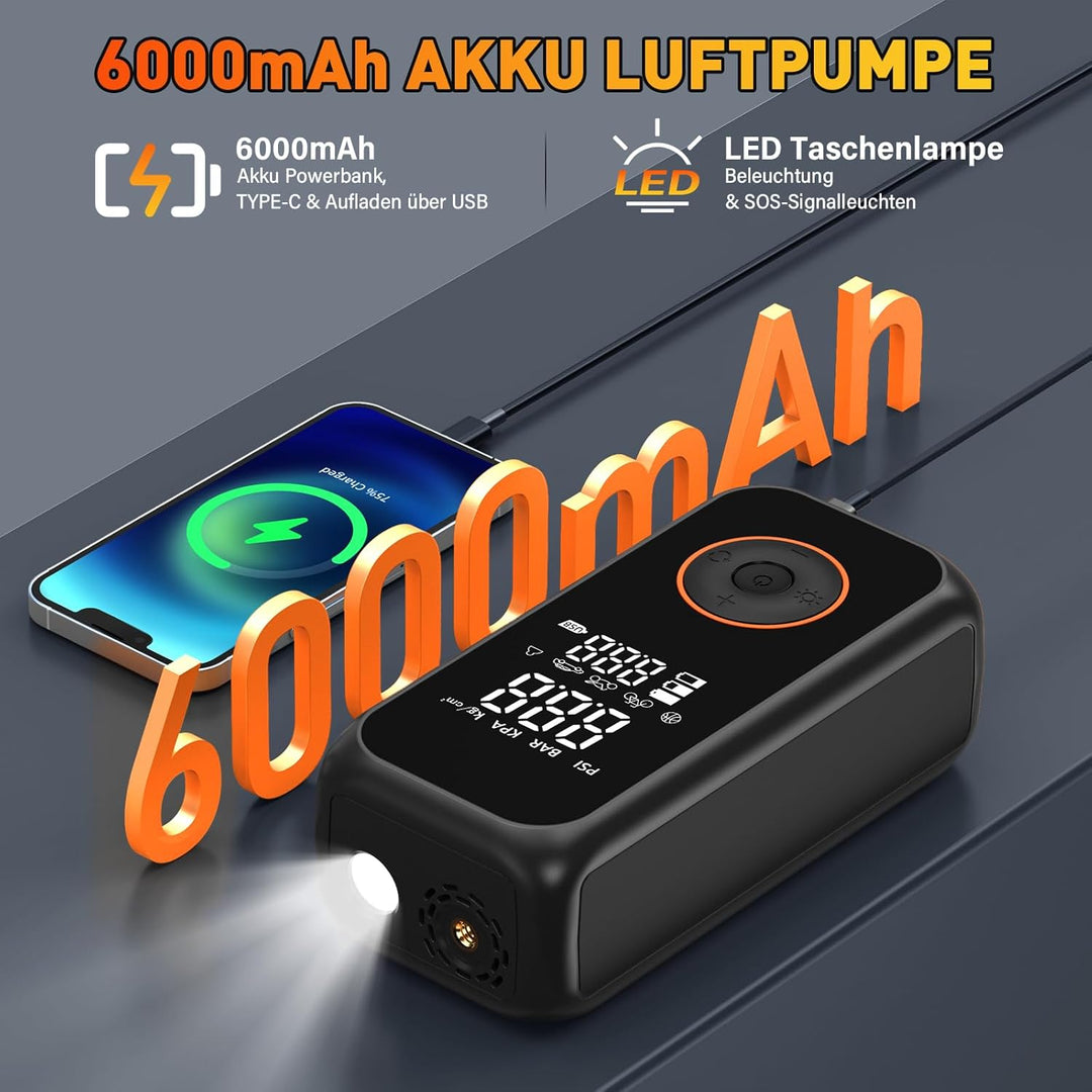 Onherm Elektrische Luftpumpe, 6000mAh Akku Luftpumpe Fahrrad, 150PSI Mini Luftkompressor Fahrradpump
