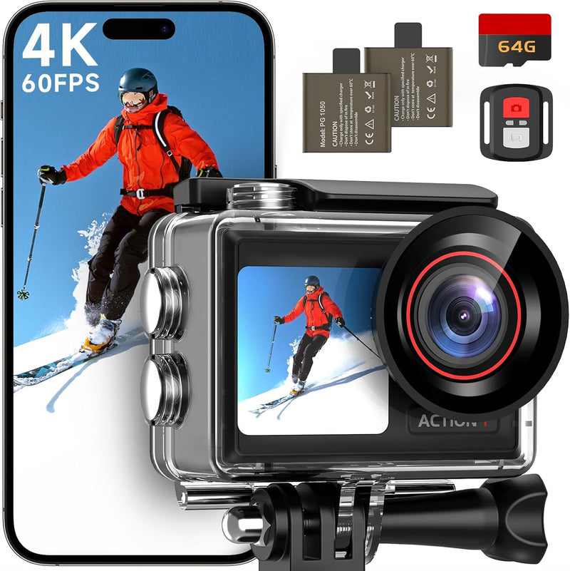 syndesmos Action Cam 4K 60FPS 30MP, 40M Unterwasserkamera, HD Unterwasserkamera Schnorcheln 2 LCD Bi