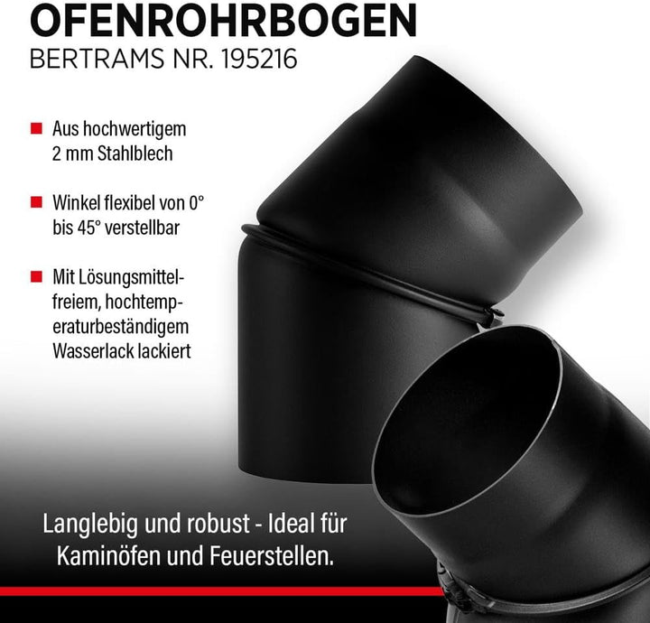 BERTRAMS Ofenrohr 150mm Ø Bogen ohne Tür Schwarz | Stahlrohr mit 0-45° Winkel | Feuerrohr aus Stahlb
