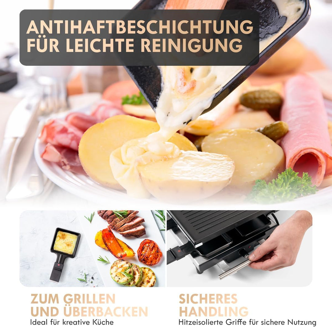ProfiCook PC-RG 1144 Raclette/Tischgrill mit Naturgrillstein und Wendegussplatte, 10 Pfännchen, 10 H