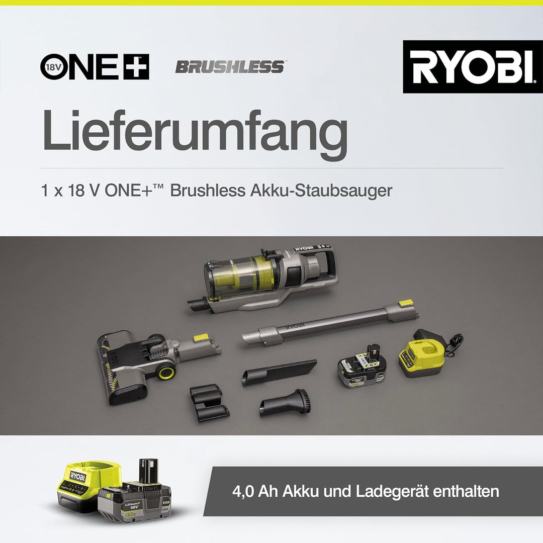 RYOBI 18 V ONE+ Brushless Akku-Staubsauger RSVS18BL-0, 90 AW Saugleistung, bürstenloser Motor, ohne