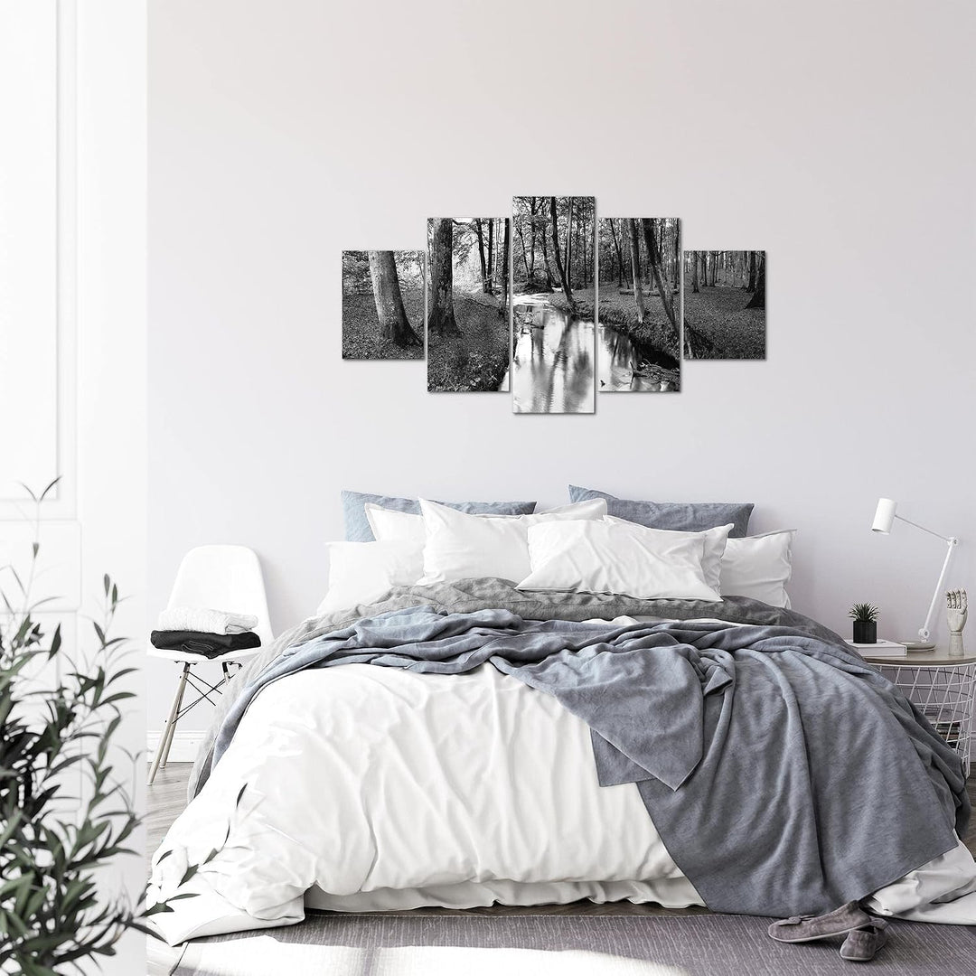 Runa Art Bild Schlafzimmer Wohnzimmer Wald Landschaft 5 Teilig Fluss Grau Wandbilder auf Vlies Leinw