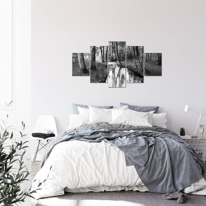 Runa Art Bild Schlafzimmer Wohnzimmer Wald Landschaft 5 Teilig Fluss Grau Wandbilder auf Vlies Leinw