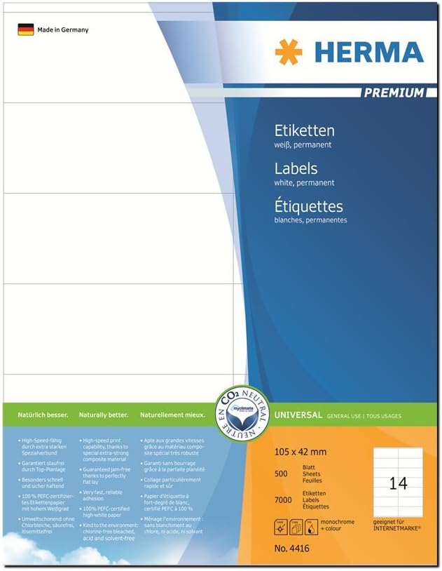HERMA 4416 Universal Etiketten, 500 Blatt, 105 x 42 mm, 14 Stück pro A4 Bogen, 7000 Aufkleber, selbs