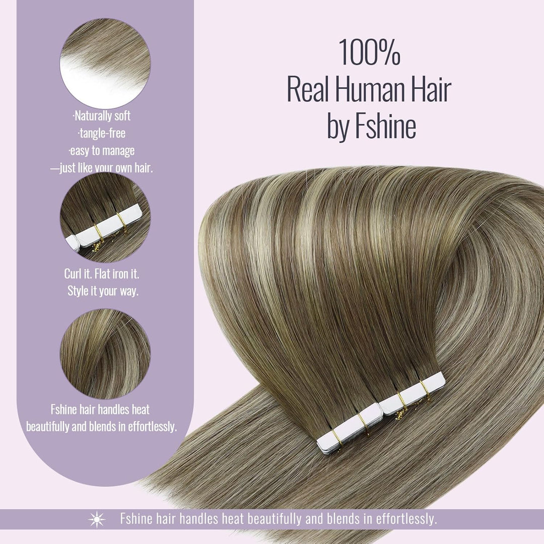 Fshine Haarverlängerung Tape Echthaar 45cm Echthaar Remy Extensions Tape 50 Gramm Balayage Dunkelbra