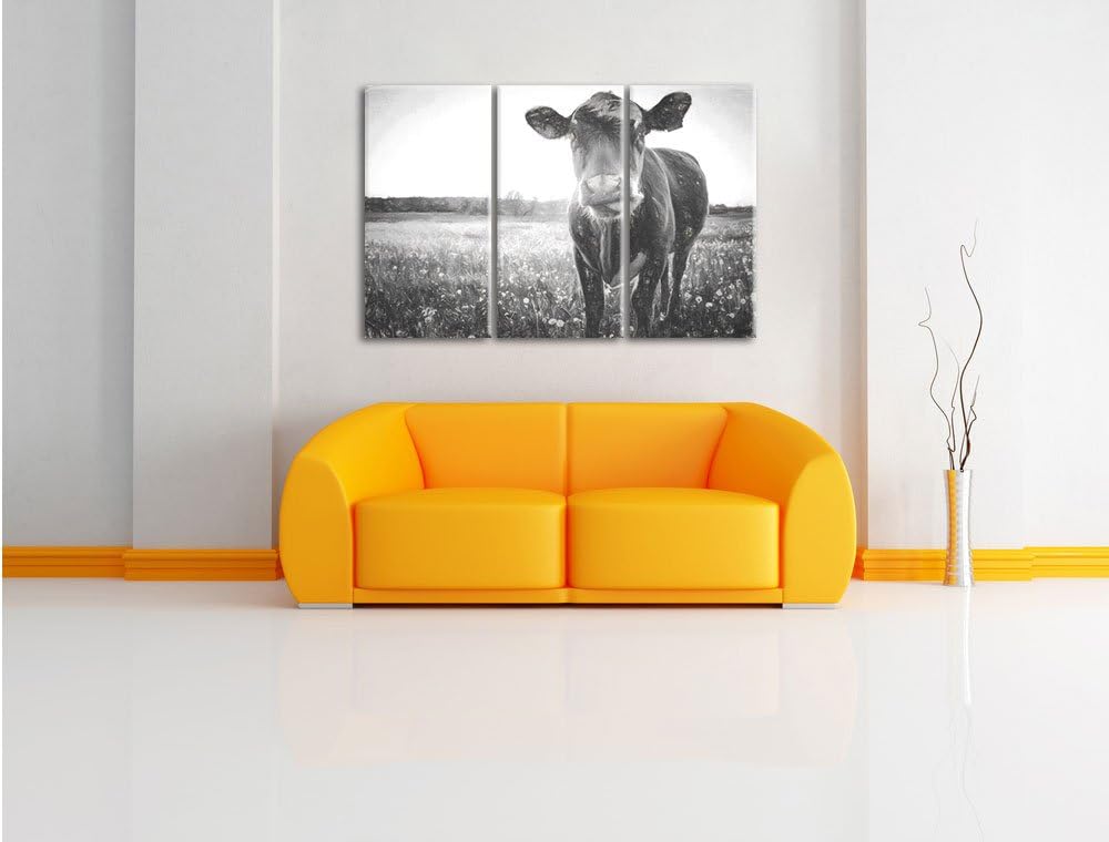 Pixxprint Einzelne Kuh auf Butterblumenwiese in der Abendsonne Kunst Kohle Effekt 3-Teiler Leinwandb