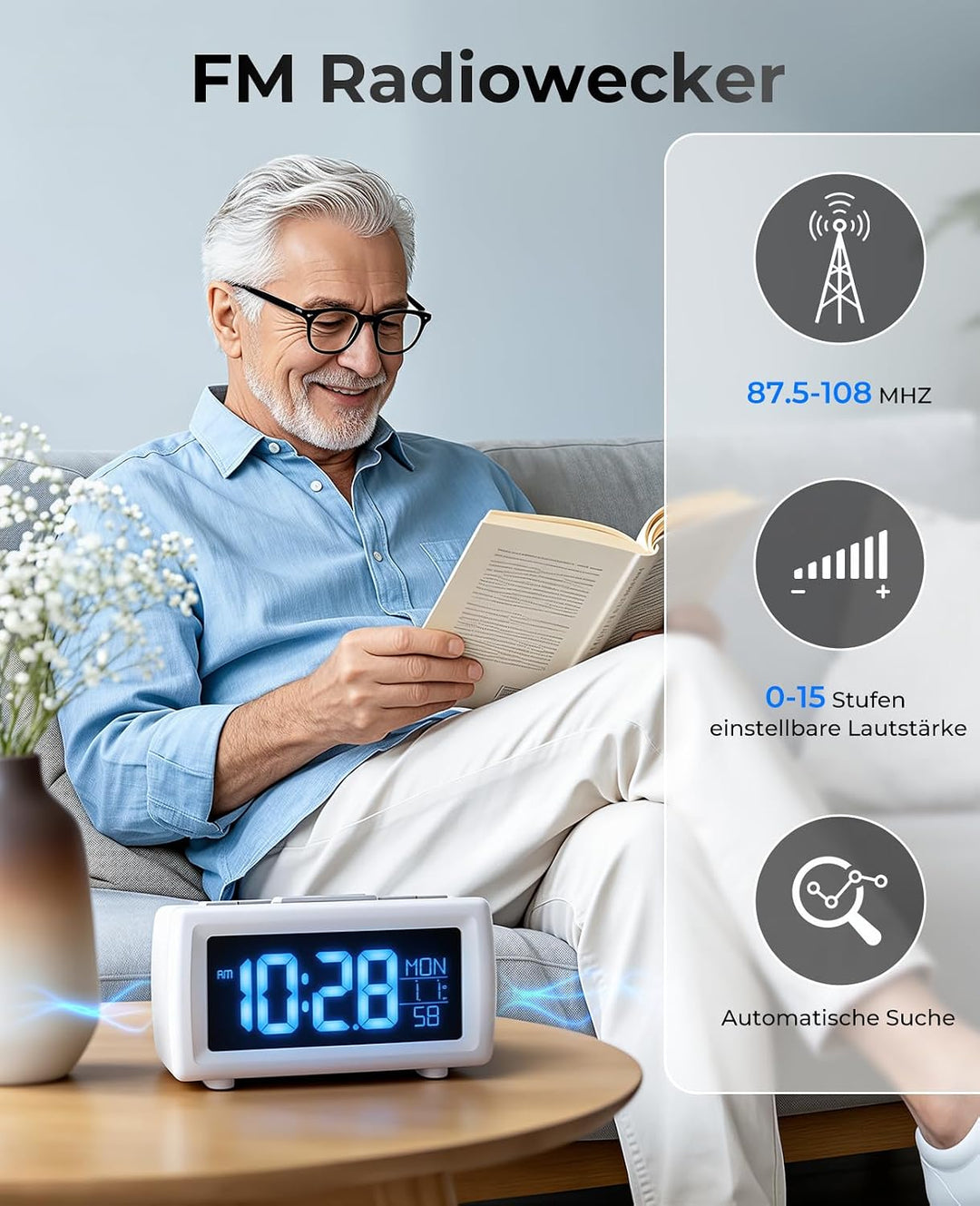 Digitaler Radiowecker, Wecker Radio mit 7-farbige Ziffernanzeige, Einstellbarer Helligkeit und Weckt