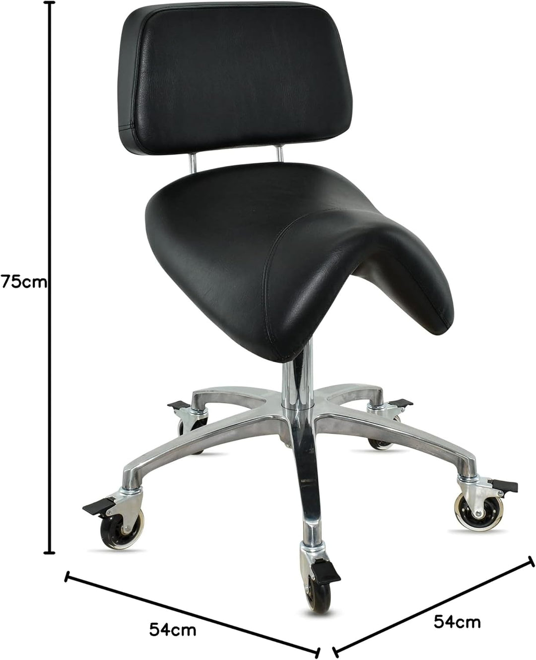 Premium Sattelhocker schwarz mit Bremse und Lehne, Sattelstuhl für Rückenentlastung, Rollhocker höhe