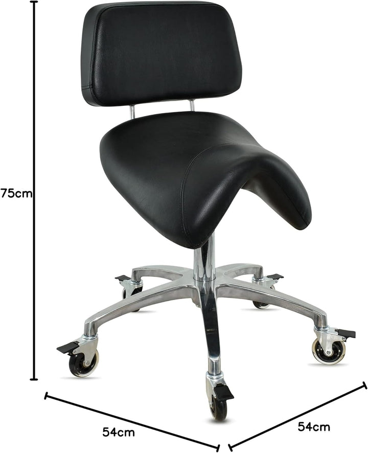 Premium Sattelhocker schwarz mit Bremse und Lehne, Sattelstuhl für Rückenentlastung, Rollhocker höhe