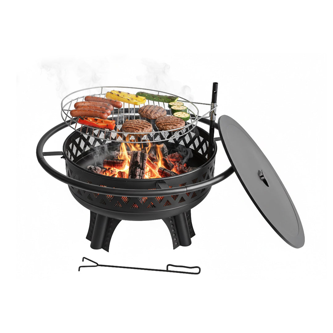 Relaxdays Feuerschale, Ø 80,5 cm, Verstellbarer Grillrost, Deckel & Schürhaken, Feuerstelle Garten,