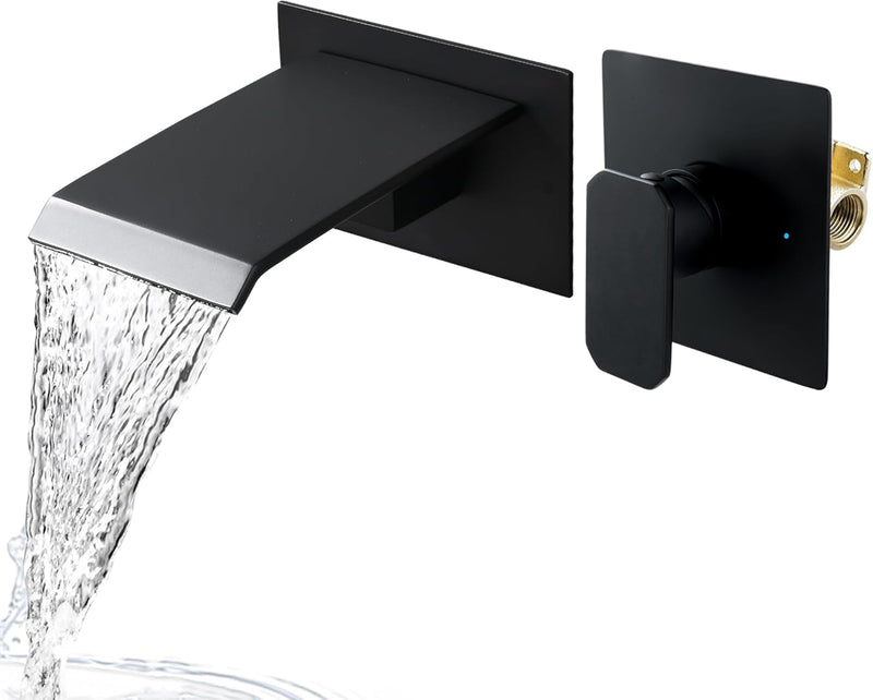 BAITUJIE Unterputz Armatur Waschbecken Schwarz Wasserhahn Wasserfall Wandmontage 2-Loch Badarmatur H