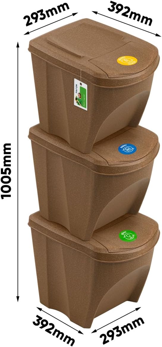 Mülleimer Set Eco Mülltrennsystem 3x25L – Abfalleimer mit farbigen Deckeln, Recycling Behälter für K