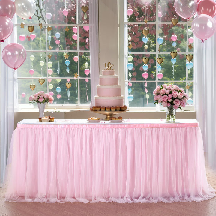 Suppromo 1,8 m rosa Tüll-Tischrock Babyparty-Tischdecke für rechteckige Tische oder runde Tische ros