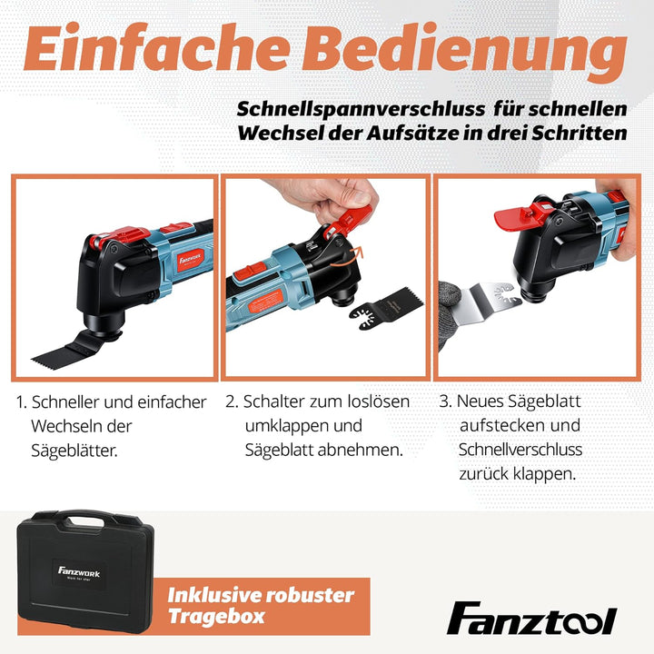 FANZTOOL 20V Akku Multifunktionswerkzeug mit EC-Motor, 3.2° Oszillationswinkel, LED-Beleuchtung, 6 G
