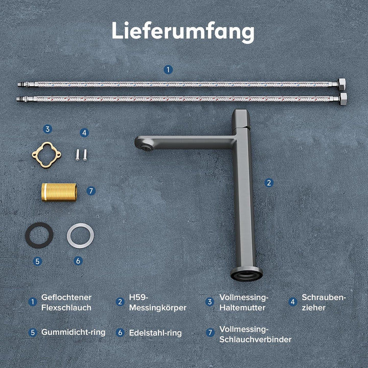 doporro Wasserhahn Bad Grau, Waschtischarmatur Hoch 236 mm Auslaufhöhe | Waschbecken Armaturen mit V