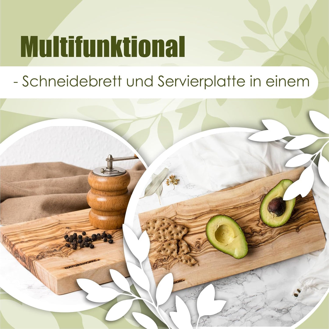 NATUREHOME massives Echtholz Schneidebrett Olivenholz gross ca. 35 x 18 x 2 cm ökologisch & nachhalt