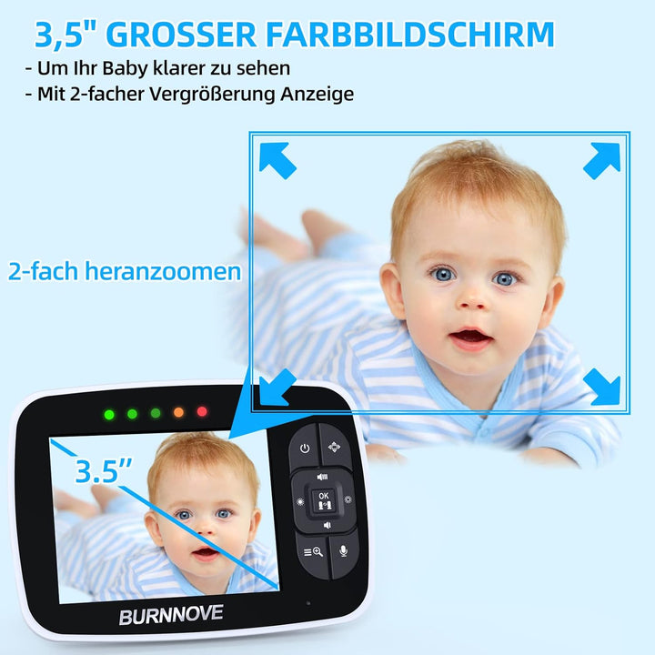 BURNNOVE Babyphone mit Kamera 3,5 Zoll Video Babyphone 355° Schwenk- & 120° Neigefunktion 2X Digital