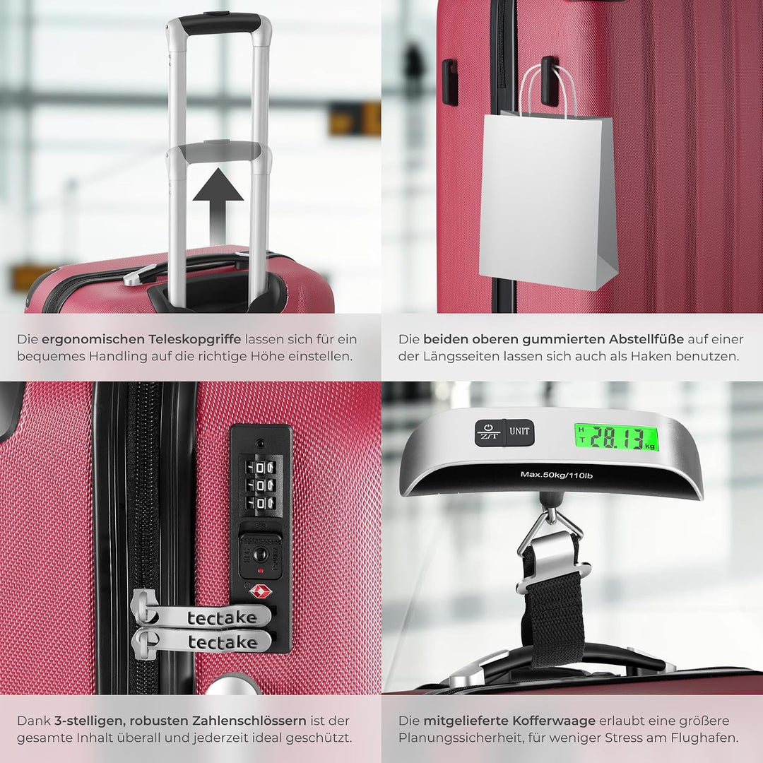 tectake® 3er Kofferset mit Kofferwaage & Kofferanhänger, Reisekoffer Set, ABS Hartschalenkoffer Set,