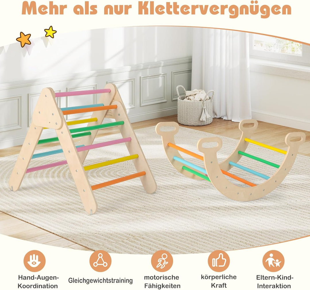 GOPLUS Klettergerüst Indoor, 4 in 1 Kletterdreieck & Kletterbogen & Leiter & Rutsche, Sprossendreiec