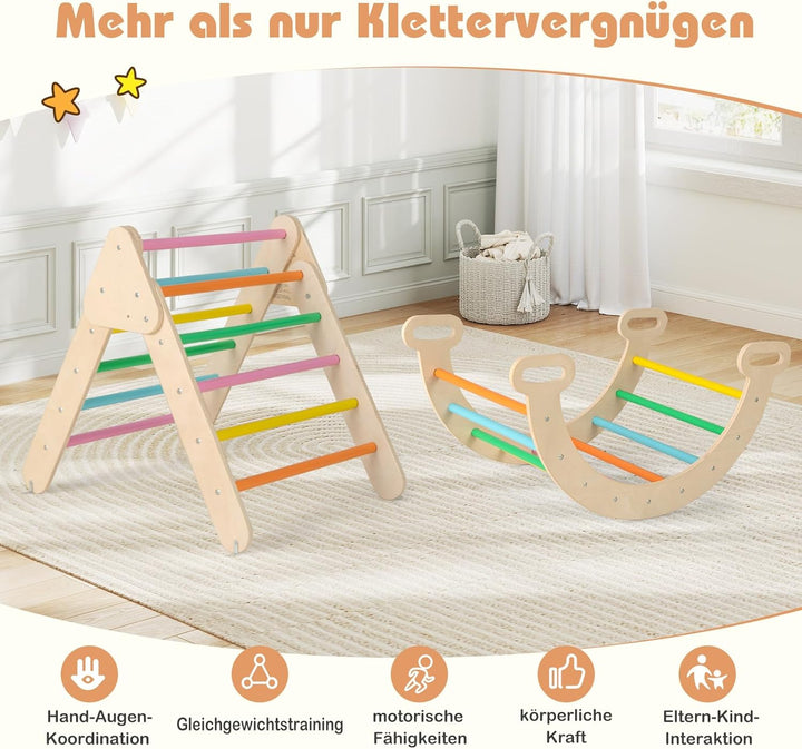 GOPLUS Klettergerüst Indoor, 4 in 1 Kletterdreieck & Kletterbogen & Leiter & Rutsche, Sprossendreiec