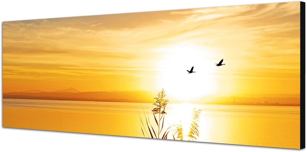 Paul Sinus Art Panoramabild auf Leinwand und Keilrahmen 150x50cm See Gräser Vögel Sonnenuntergang