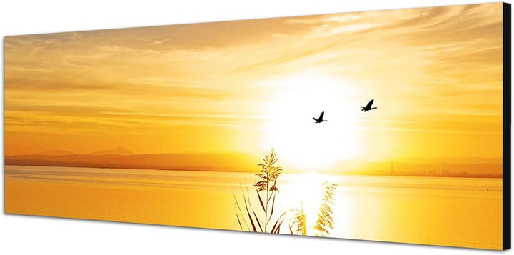 Paul Sinus Art Panoramabild auf Leinwand und Keilrahmen 150x50cm See Gräser Vögel Sonnenuntergang