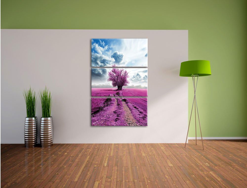 Pixxprint Pinkes Feld mit pinkem Baum 3-Teiler Leinwandbild 120x80 Bild auf Leinwand