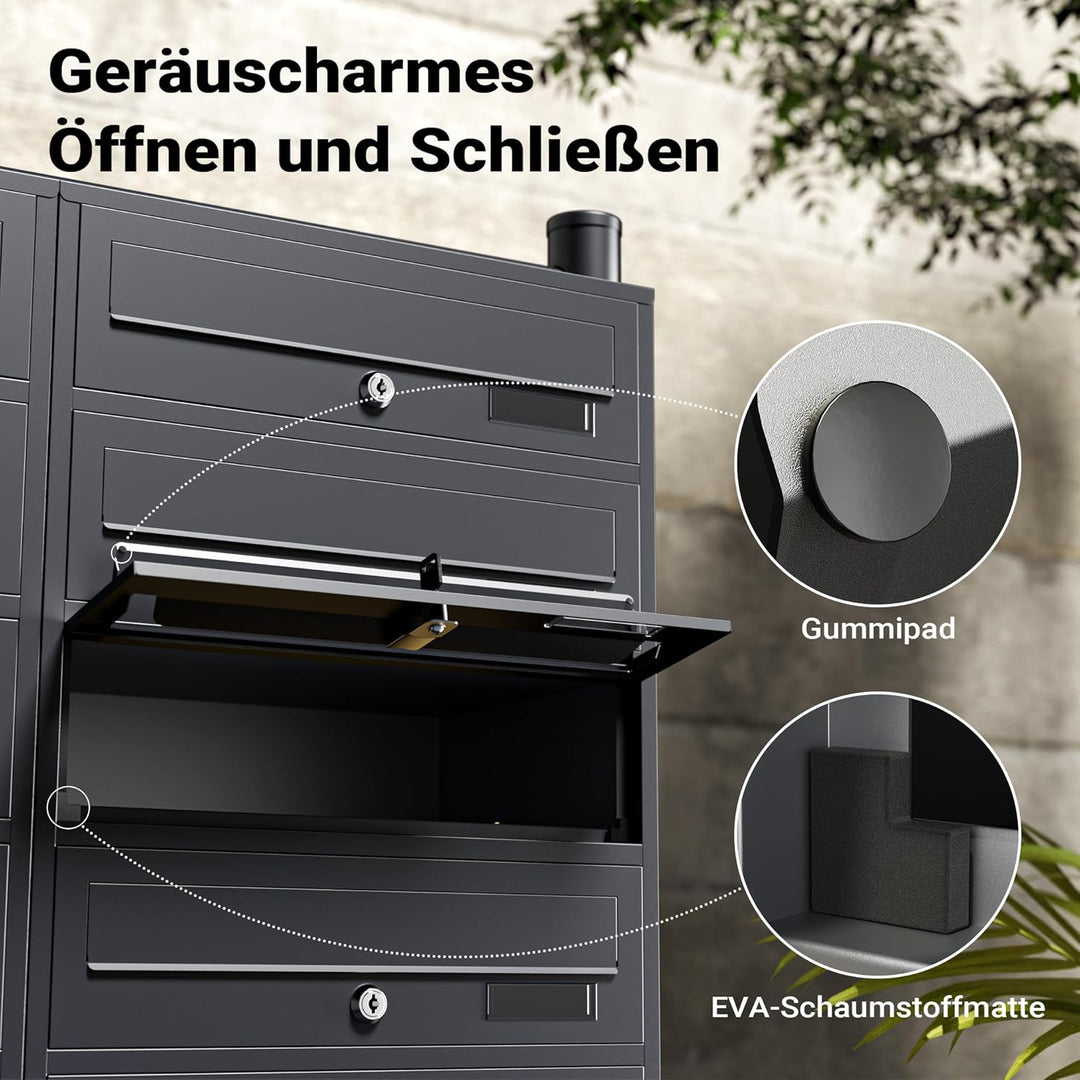 Wiltec 12er Briefkastenanlage Anthrazit 898 x 270 x 1500 mm, Standbriefkasten mit 2x6 Fächern, Schlü