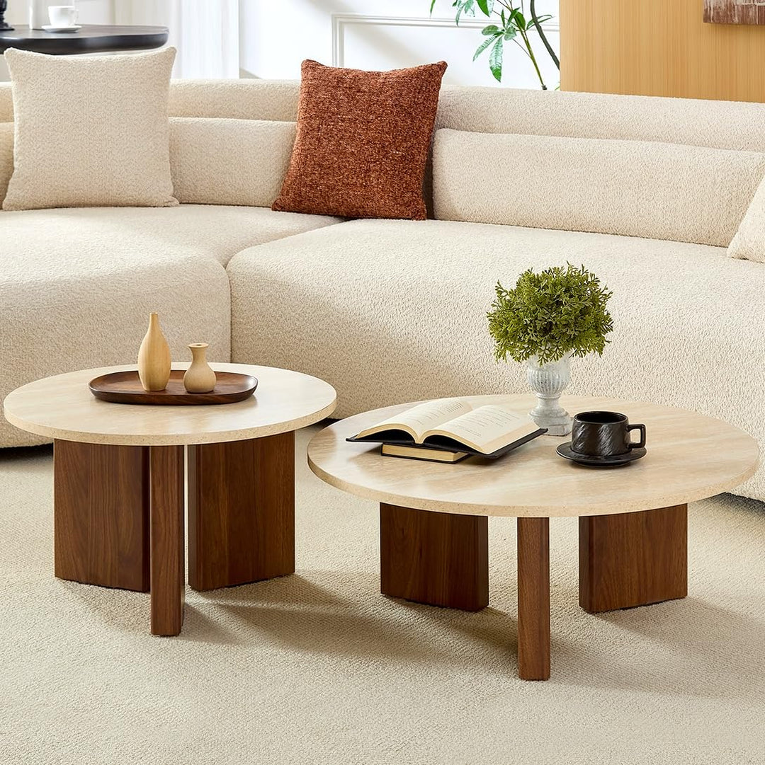 Home-Heaven® Couchtisch Rund Travertin mit Braun Holz – Set von 2 Ø76 cm & Ø58 cm, Travertin