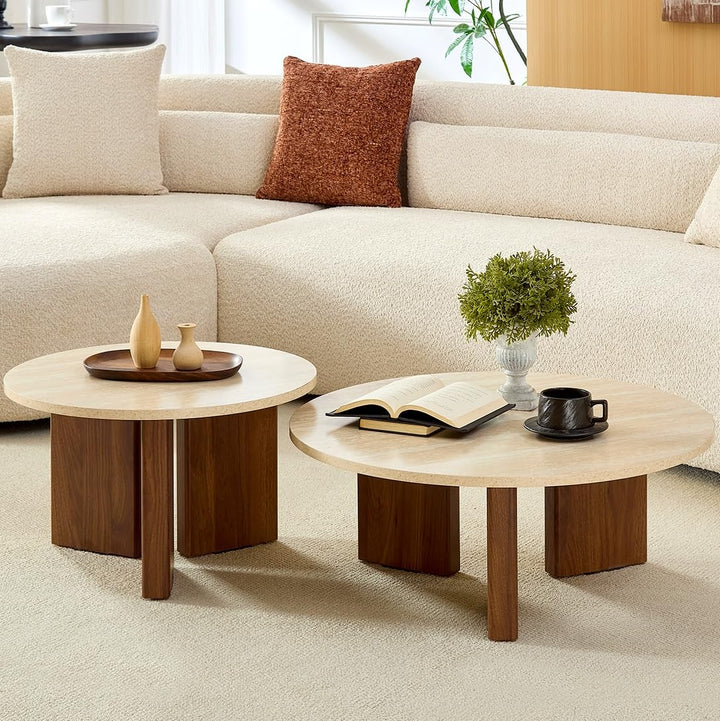Home-Heaven® Couchtisch Rund Travertin mit Braun Holz – Set von 2 Ø76 cm & Ø58 cm, Travertin