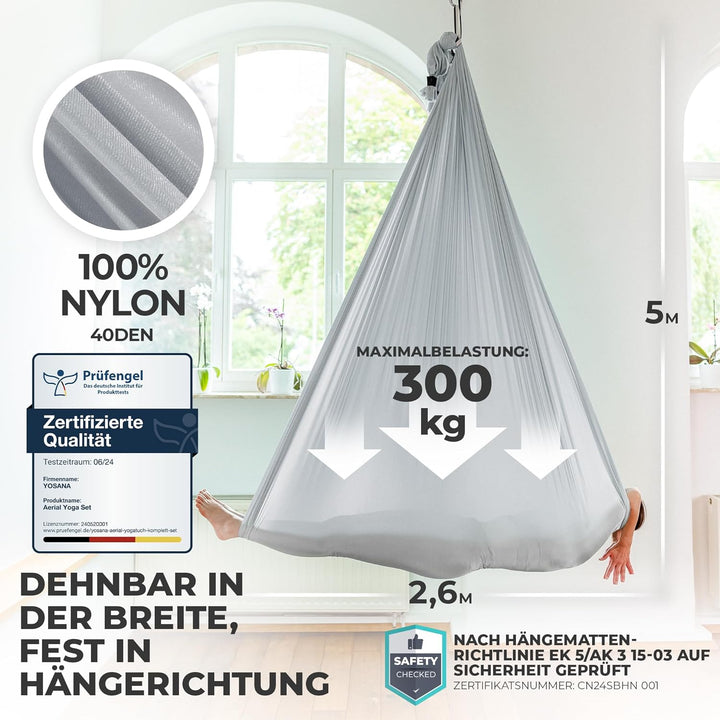 Yosana Hängematte | Komplettset inkl. Befestigung | TÜV geprüft | Nylon Tuch 5m x 2,6m Silbergrau (1