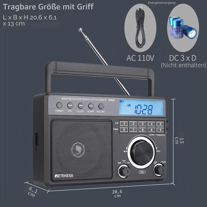Retekess TR629 Tragbares Radio,Weltempfänger Radio mit Lautsprecher,FM AM SW LW,AC Kabel oder Batter
