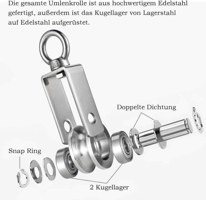 Umlenkrollen mit 2 Kugellager, Seilrolle Fitness Edelstahl 304 Flaschenzug für Seile Stahlseil,Tragk