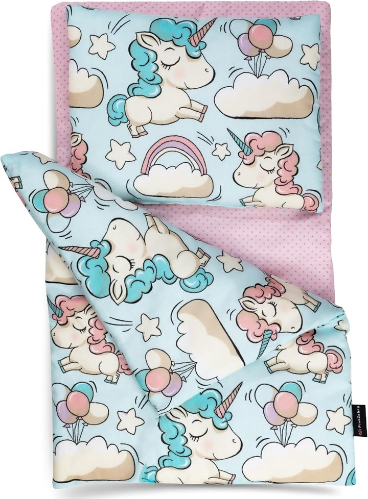 PinkZebra 3er Set Puppenbettwäsche für Puppen bis 43 cm, Puppenbettzeug 3-teilig, Decke + Kissen + M
