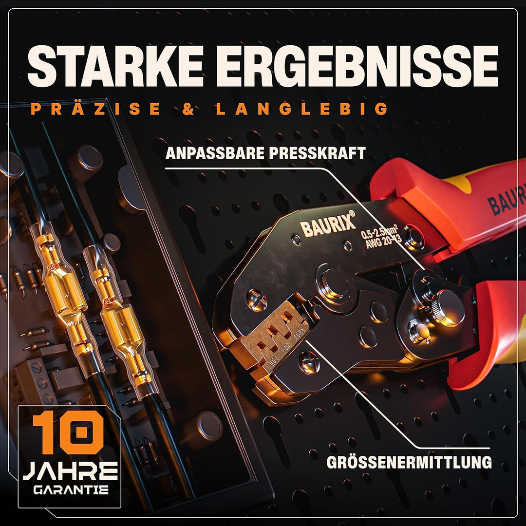 BAURIX® Crimpzange inkl. 300 Stück Flachsteckhülsen Set I Krimpzange für 0,50-2,50 mm² Steckverbinde