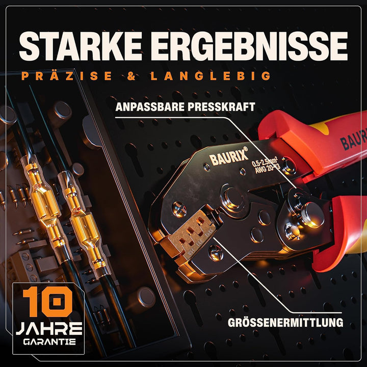 BAURIX® Crimpzange inkl. 300 Stück Flachsteckhülsen Set I Krimpzange für 0,50-2,50 mm² Steckverbinde