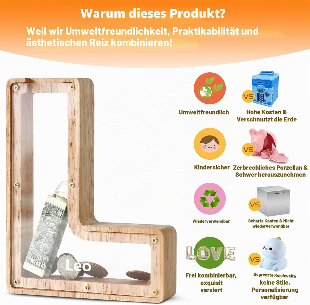 DBPBToU Spardose aus Holz Buchstaben, Sparschwein Durchsichtig für Kinder, Sparbox Personalisierte,