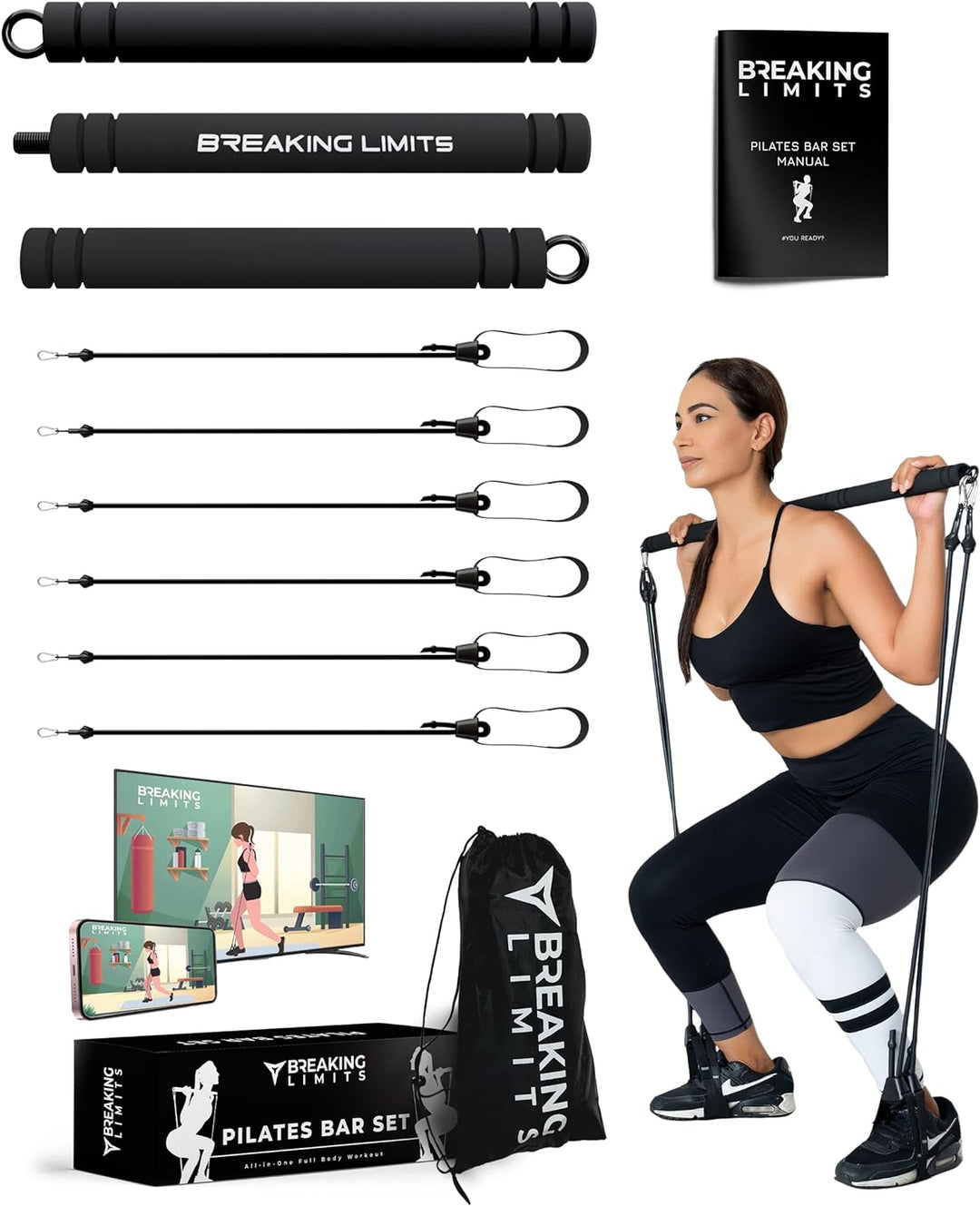 Breaking Limits Pilates Bar Set - Längenverstellbare Fitness Stange + 6 Widerstandsbänder - Ganzkörp